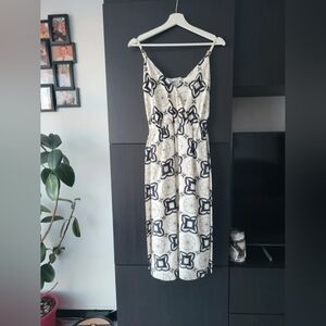 Sleeveless Cream Maxi Dress with Black Geometric Print